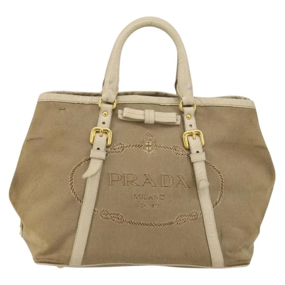 PRADA Hand Bag Canvas Beige Gold Auth - Picture 2 of 15